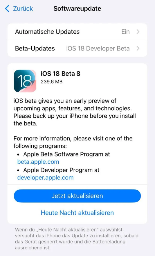 阳原苹果手机维修分享苹果 iOS / iPadOS 18 开发者预览版 Beta 8 发布 